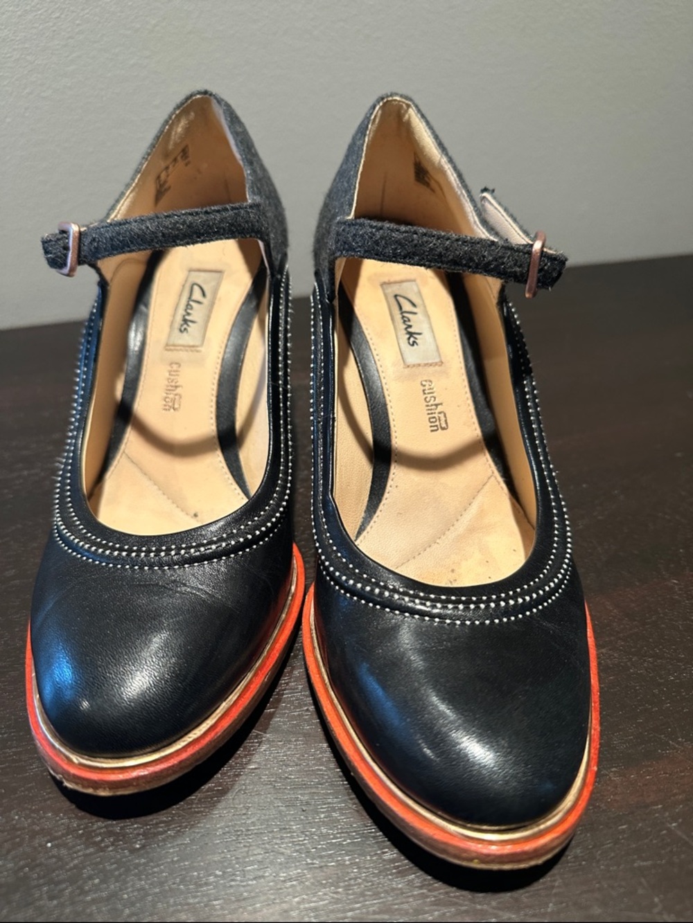 Clarks Black and Gray Mary Jane Block Heel Pumps with Pink Accent - Picture 5 of 12